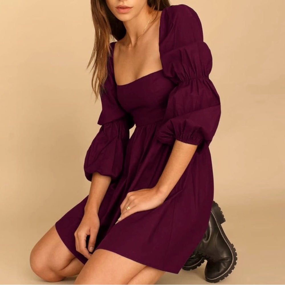 Elegant Plum Puff Sleeve Dress